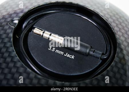 Close up of 3.5 mm male jack for audio stereo input of amplifier receiver. Stock Photo