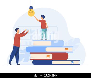 Boy standing on book pile to reach bulb Stock Vector