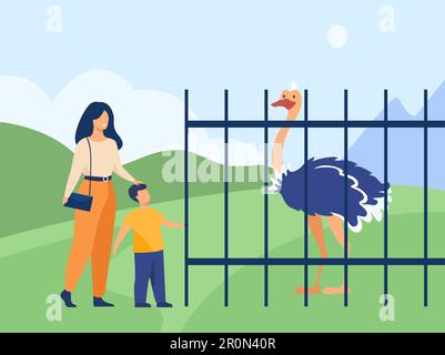 Cute kid with mother watching ostrich in zoo Stock Vector