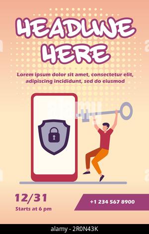 Tiny man unlocking mobile phone with golden key Stock Vector