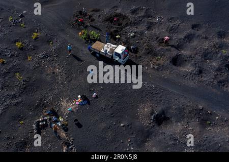 Cape Verde, Fogo Island, aireal, lava, vulcano, farmers, wine planting Stock Photo