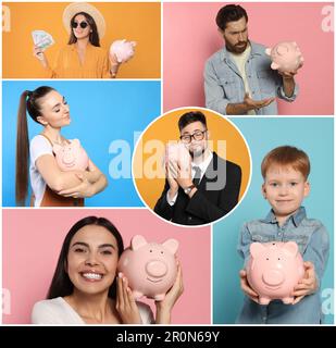 Collage with photos of people holding ceramic piggy banks on different color backgrounds Stock Photo