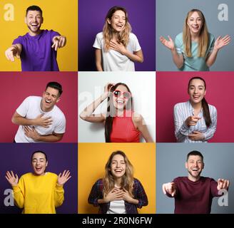 Collage with photos of people laughing on different color backgrounds Stock Photo