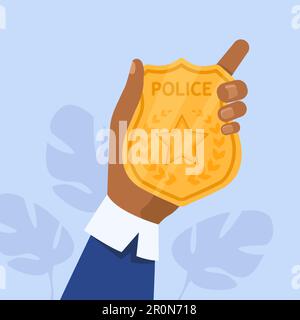 Male hand holding golden police badge Stock Vector