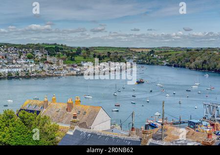 A wide angle, Cornish waterscape looking inland towards Bodinnick, taken from the top of Polruan including beautiful Fowey town on the estuary's edge. Stock Photo