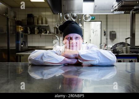 Finnish Celebrity Chef Micke Björklund in his Smakbyn Restaurant kitchen in Kastelholm on Åland. He won TV show Robinson in Sweden. Pic: Rob Watkins Stock Photo