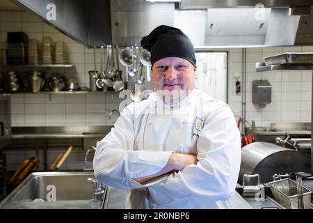 Finnish Celebrity Chef Micke Björklund in his Smakbyn Restaurant kitchen in Kastelholm on Åland. He won TV show Robinson in Sweden. Pic: Rob Watkins Stock Photo