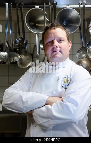 Finnish Celebrity Chef Micke Björklund in his Smakbyn Restaurant kitchen in Kastelholm on Åland. He won TV show Robinson in Sweden. Pic: Rob Watkins Stock Photo