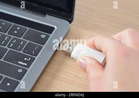 Close up of a woman hand connecting a pendrive in a laptop on a desktop Stock Photo