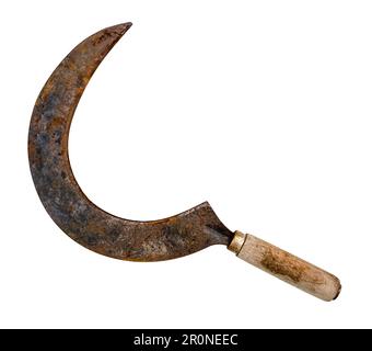 vintage sickle with wooden handle cut out on white background