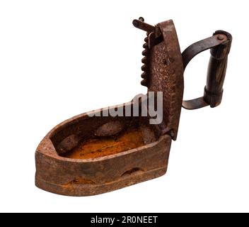 open vintage rusty box iron cutout on white background Stock Photo