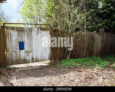 old wooden fence with closed shubby wooden gate in village in spring Stock Photo