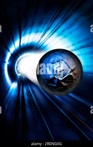 blue sphere moving inside a tunnel Stock Photo
