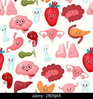 Seamless pattern with internal organs. Cute cartoon human organs characters kawaii on white background. Vector illustration. Stock Vector