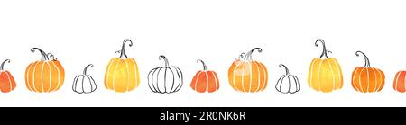 Cute hand drawn pumpkin horizontal seamless pattern, hand drawn pumpkins - great as Thanksgiving background, textiles, banners, wallpapers, wrapping - Stock Vector
