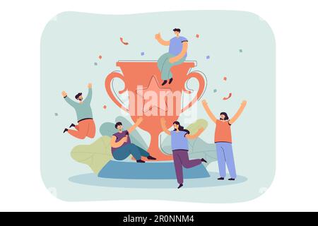 Tiny happy winners near big golden cup Stock Vector