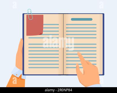 Hand of manager checking notes in notebook Stock Vector