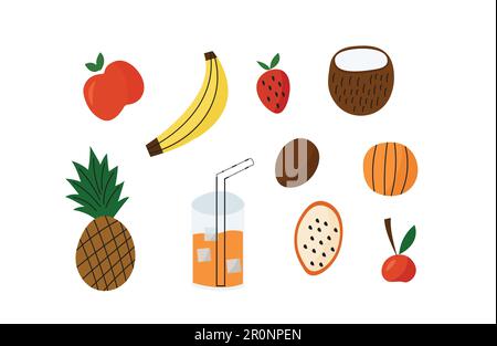 Colorful fruit illustration set in doodle style. Cartoon vegan food set for print. Stock Vector