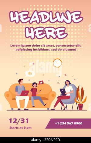 Parents couple and kid using gadgets Stock Vector
