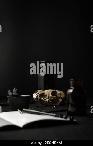 Dark mood still life. real fox skull, calligraphy pen, aopthecary bottle, black wood table. Gothic witch moody background. Stock Photo