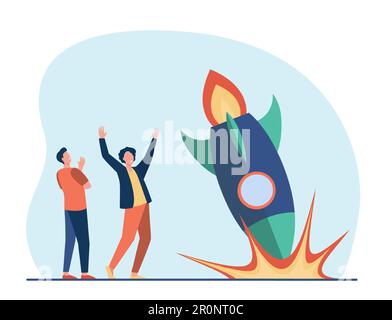 Anxious guys watching as rocket falling down Stock Vector