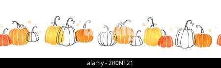 Cute hand drawn pumpkin horizontal seamless pattern, hand drawn pumpkins - great as Thanksgiving background, textiles, banners, wallpapers, wrapping - Stock Vector