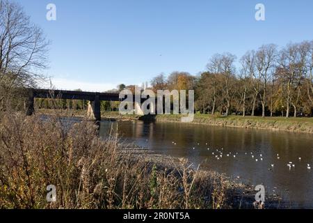 Railway Bridge now footpath crossing the River Ribble at Preston Lancashire England Stock Photo