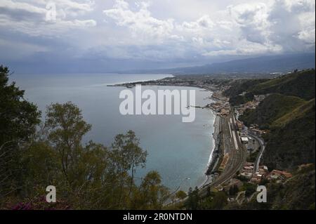 Landscape with scenic view of Giardini Naxos a seaside resort of Messina in Sicily, Italy. Stock Photo