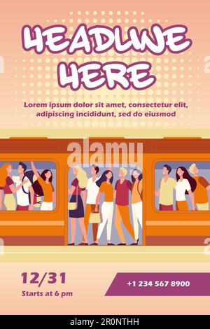 Crowd of happy people travelling by subway train Stock Vector