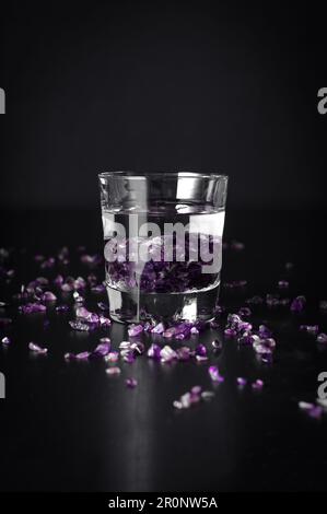 amethyst chips in a glass of water with black background. healing gemstone, moder witch Stock Photo