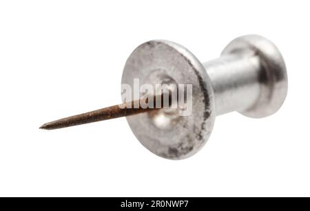view from tip on vintage steel push pin isolated on white background Stock Photo