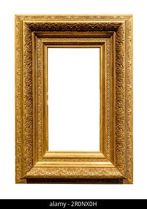 old vertical carved very wide gold wooden picture frame isolated on white background with cut out canvas Stock Photo