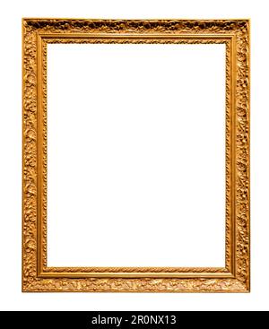 old vertical yellow wooden picture frame isolated on white background with cut out canvas Stock Photo