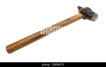front view of old cross peen hammer with wooden handle isolated on white background Stock Photo