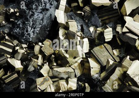 Pyrite Small Rough Texture pyrite on galena macro detail texture background. close-up raw rough ...