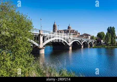 Perspective view of the bridge of Enrique Estevan over the Tormes river and the cathedral of Salamanca in the background with clear blue sky. Stock Photo