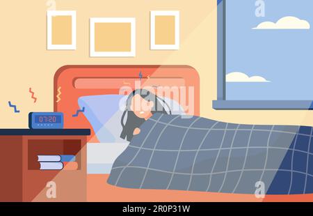 Tired woman waking up when alarm clock ringing Stock Vector