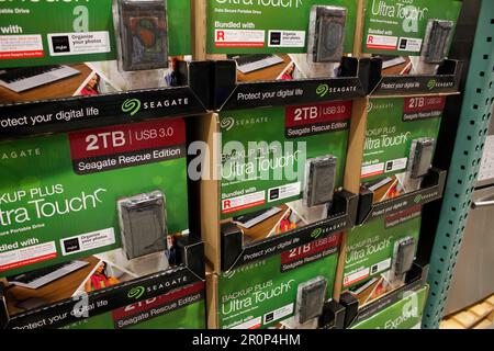 Los Angeles, California, United States - 10-25-2021: A view of several packages of Seagate hard drives, on display at a local big box grocery store. Stock Photo