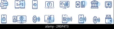 Contactless payment using NFC technology. Smartphone, smart watch, wallet and p2p transactions. Pixel perfect icons Stock Vector