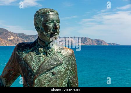 Statue of King Alfonso XII at Balcón de Europa viewpoint in Nerja a seaside resort on the Costa del Sol in Andalucia southern Spain. Stock Photo