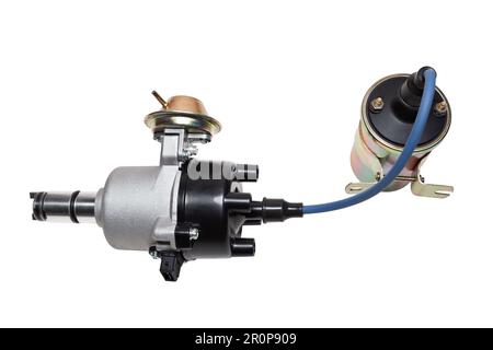 Distributor and ignition coil connected by high voltage wire on a white background Stock Photo