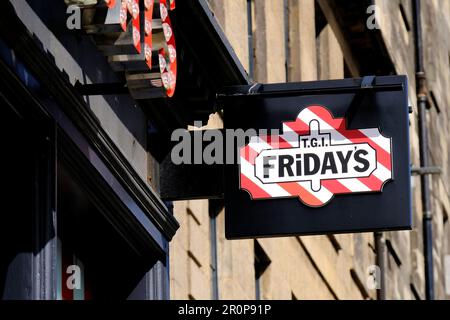 T.G.I. Fridays shop sign, casual American themed dining, Castle Street, Edinburgh Scotland Stock Photo