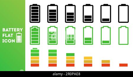 Device charging icons set. Small, medium and large charge levels. Icon for phone, laptop, app and presentation Stock Vector