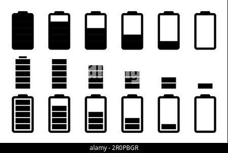 Device charging icons set. Small, medium and large charge levels. Icon for phone, laptop, app and presentation Stock Vector