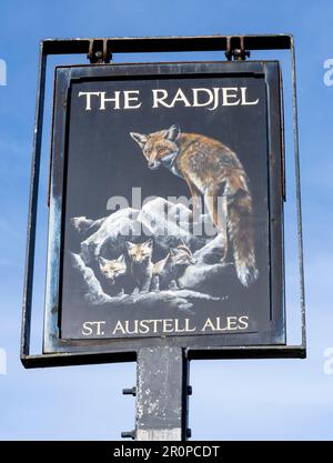 Traditional hanging pub sign at The Radjel Inn - public house - Boscaswell Terrace, Pendeen, Cornwall, England, UK Stock Photo