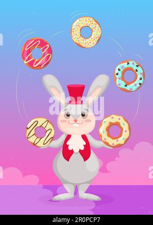 Cute bunny in red top hat juggling colorful donuts illustration Stock Vector
