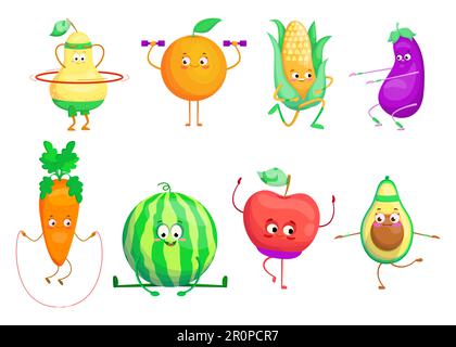 Active cartoon fruit and vegetables set Stock Vector