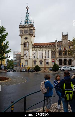 The highly decorative tower of the Town Hall in Sintra on a rainy day Stock Photo