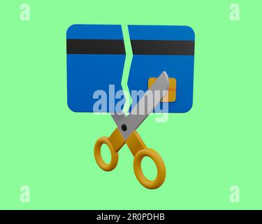 3d render of broken bank card cut by scissors, money banking icon. Stock Photo