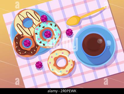 Colorful donuts on plate with coffee or tea illustration Stock Vector